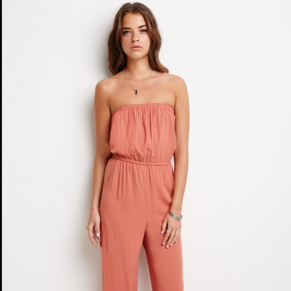 Coral strapless jumpsuit